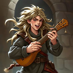 A young adult human male bard from Dungeons & Dragons, playing a musical instrument loudly