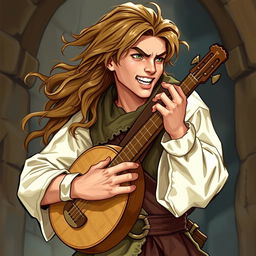 A young adult human male bard from Dungeons & Dragons, playing a musical instrument loudly