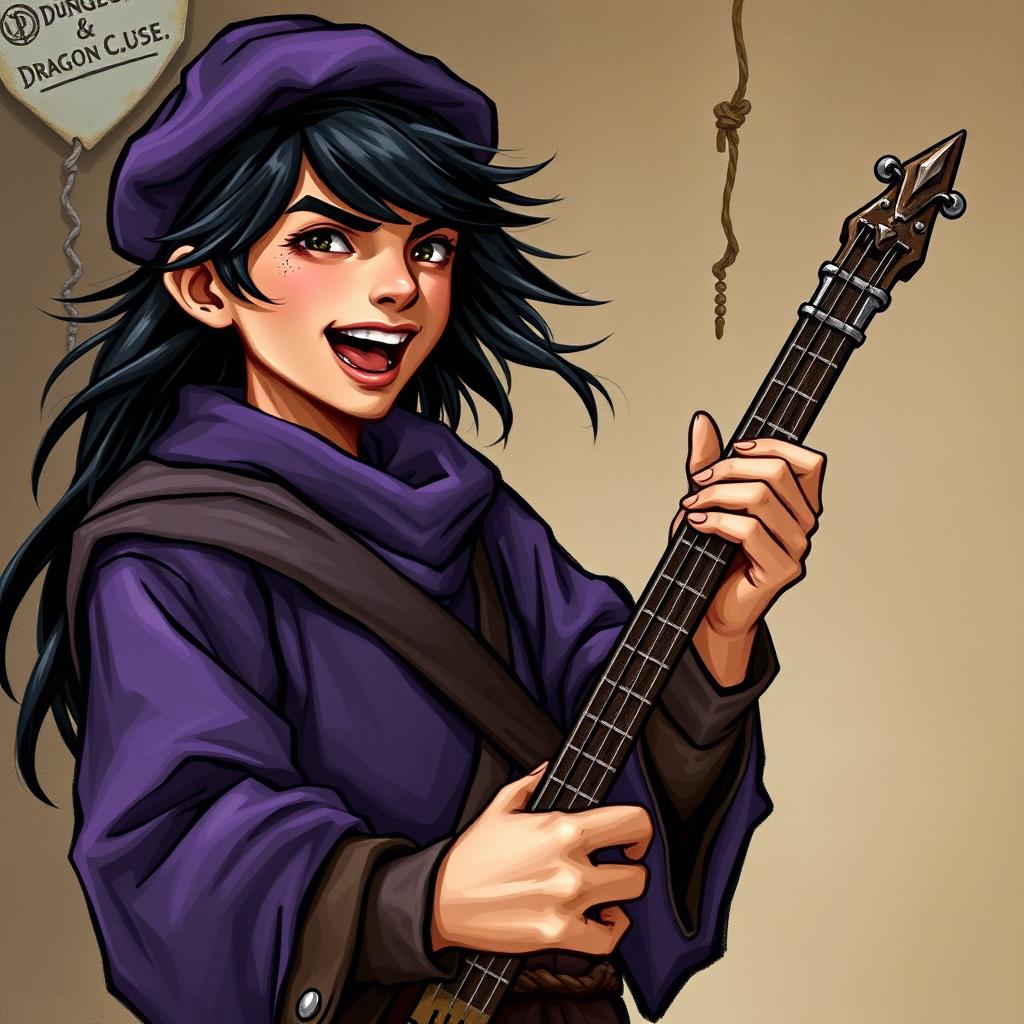 A young adult human male bard from Dungeons & Dragons, playing a musical instrument loudly