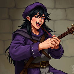 A young adult human male bard from Dungeons & Dragons, playing a musical instrument loudly