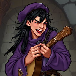 A young adult human male bard from Dungeons & Dragons, playing a musical instrument loudly