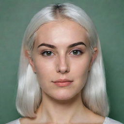 Full-length interior photo of a 30-year-old girl of average build, with white hair, showcasing long square proportional facial features, including a small smooth nose, cheek dimples, bow lips, large black eyebrows, smooth medium green eyes, and swarthy skin