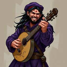 A human male bard from Dungeons & Dragons, playing a musical instrument loudly