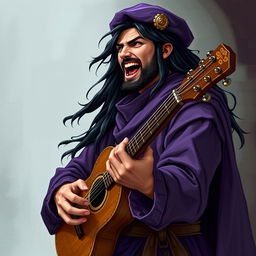 A human male bard from Dungeons & Dragons, playing a musical instrument loudly