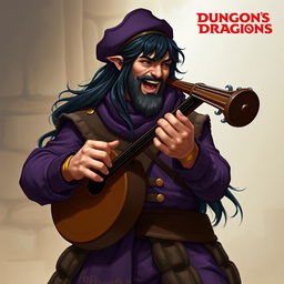 A human male bard from Dungeons & Dragons, playing a musical instrument loudly