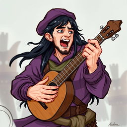 A human male bard from Dungeons & Dragons, playing a musical instrument loudly