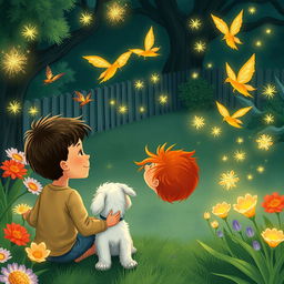 Two 8-year-old boys, one with light brown skin and the other a redhead, with a small white dog, looking into the backyard