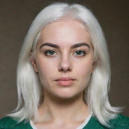 Full-length interior photo of a 30-year-old girl of average build, with white hair. Features include long square proportional face, cheek dimples, bow lips, large black eyebrows, smooth medium green eyes, and swarthy skin