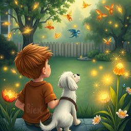 Two 8-year-old boys, one with light brown skin and the other a redhead, with a small white dog, looking into the backyard