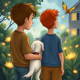 Two 8-year-old boys, one with light brown skin and the other a redhead, with a small white dog, looking into the backyard