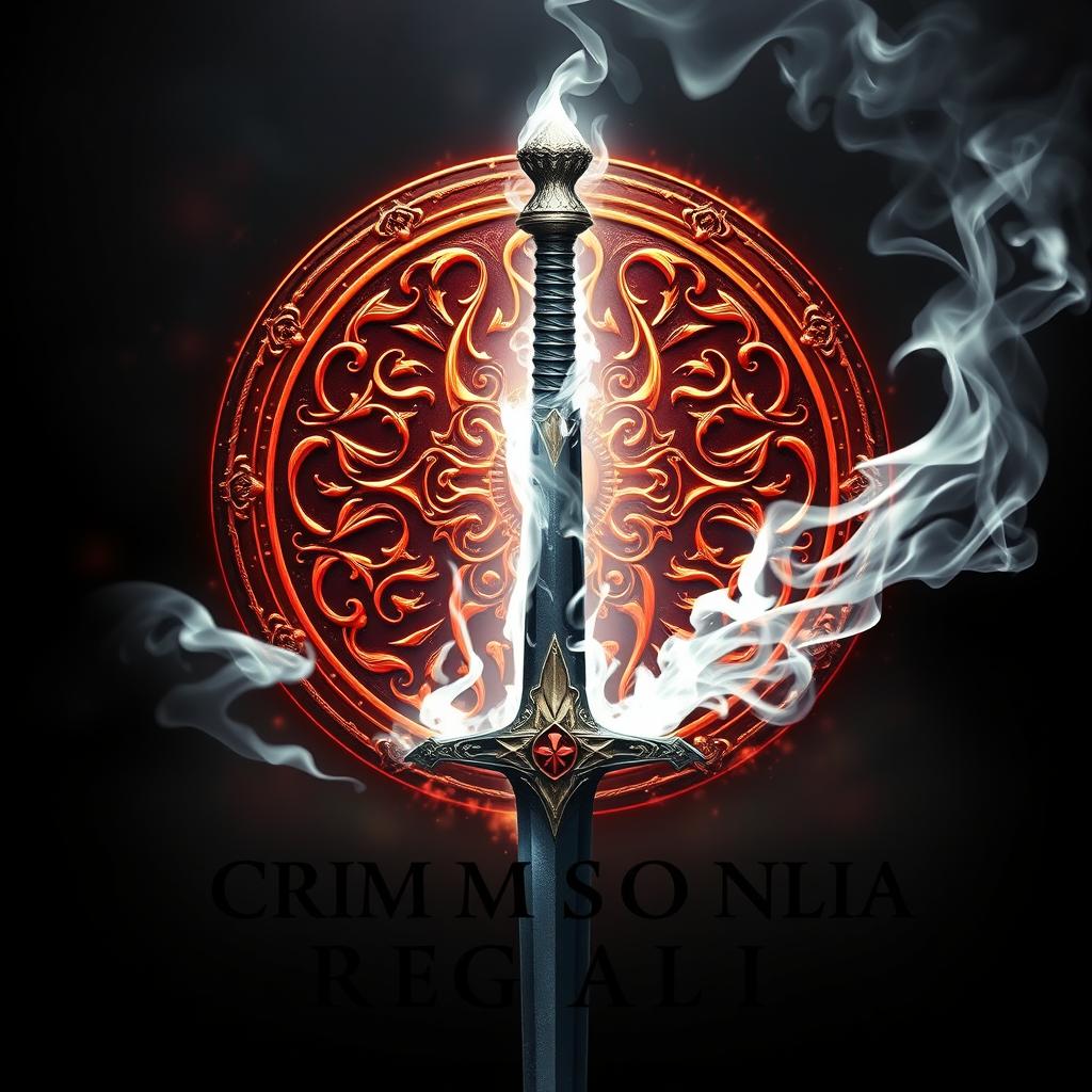 An intricate magic seal glowing behind a mythical sword, which is engulfed in ethereal white flames