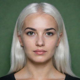 Full-length interior photo of a 30-year-old girl of average build, with white hair. Features include long square proportional face, cheek dimples, bow lips, large black eyebrows, smooth medium green eyes, and swarthy skin