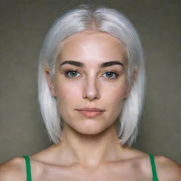 Full-length interior photo of a 30-year-old girl of average build, with white hair. Features include long square proportional face, cheek dimples, bow lips, large black eyebrows, smooth medium green eyes, and swarthy skin