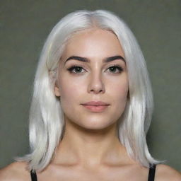 Full-length interior photo of a 30-year-old girl of average build, with white hair. Features include long square proportional face, cheek dimples, bow lips, large black eyebrows, smooth medium green eyes, and swarthy skin