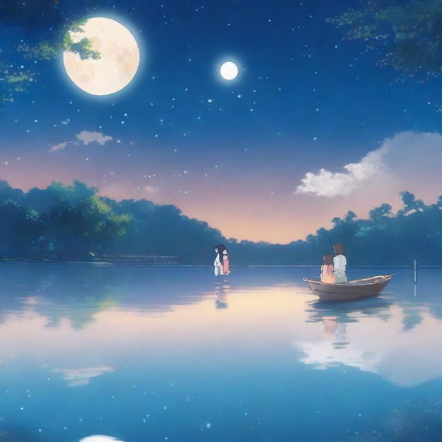 A beautiful anime love story set under the serene glow of a white moonlight