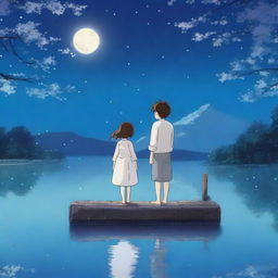 A beautiful anime love story set under the serene glow of a white moonlight