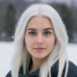 Full-length photo of a 30-year-old girl of average build, with white hair, against an icy backdrop. She has long square proportional facial features, cheek dimples, bow lips, large black eyebrows, smooth medium green eyes, and swarthy skin