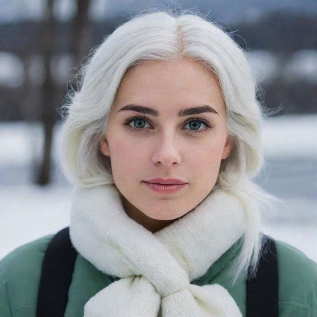 Full-length photo of a 30-year-old girl of average build, with white hair, against an icy backdrop. She has long square proportional facial features, cheek dimples, bow lips, large black eyebrows, smooth medium green eyes, and swarthy skin