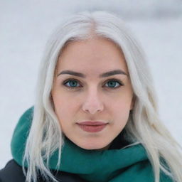 Full-length photo of a 30-year-old girl of average build, with white hair, against an icy backdrop. She has long square proportional facial features, cheek dimples, bow lips, large black eyebrows, smooth medium green eyes, and swarthy skin