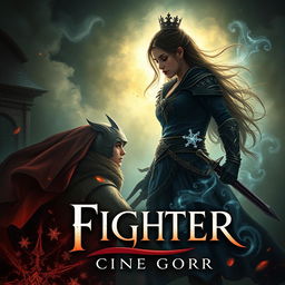 Create a book cover for a fantasy story about a young woman who becomes a fighter and falls in love with a dark prince