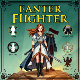 Create a book cover for a fantasy story about a young woman who becomes a fighter and falls in love with a dark prince