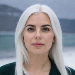 Full-length photo of a 30-year-old girl of average build, with white hair, against an icy backdrop. She has long square proportional facial features, cheek dimples, bow lips, large black eyebrows, smooth medium green eyes, and swarthy skin