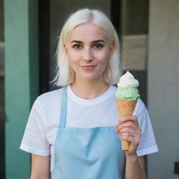 Full-length photo of a 30-year-old girl of average build, with white hair, holding an ice cream. She has long square proportional facial features, cheek dimples, bow lips, large black eyebrows, smooth medium green eyes, and swarthy skin