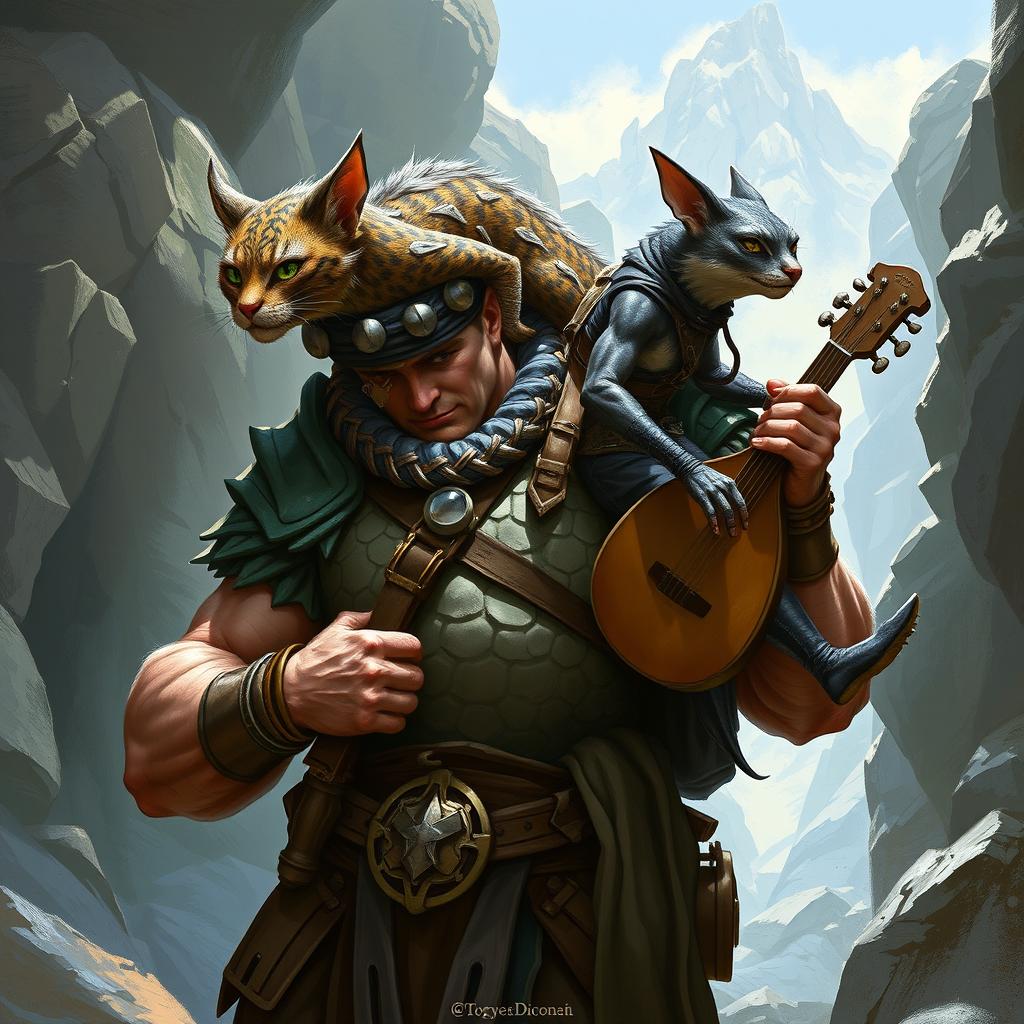 A detailed fantasy scene featuring a D&D Dragonborn warrior carrying a Catfolk rogue on his shoulders and holding a Tiefling bard with his hand