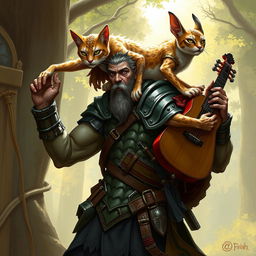 A detailed fantasy scene featuring a D&D Dragonborn warrior carrying a Catfolk rogue on his shoulders and holding a Tiefling bard with his hand