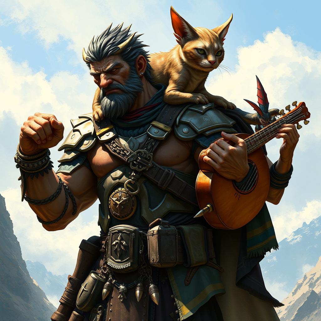 A detailed fantasy scene featuring a D&D Dragonborn warrior carrying a Catfolk rogue on his shoulders and holding a Tiefling bard with his hand