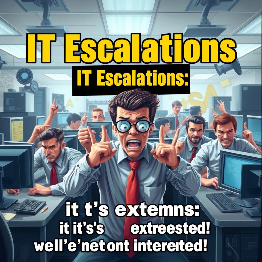 A dynamic and energetic image showcasing a bustling IT department with a bold slogan: 'IT Escalations: If it’s not extreme, we’re not interested!' The scene includes stressed-out workers, flashing computer screens, and a sense of urgency and chaos, yet with a humorous twist