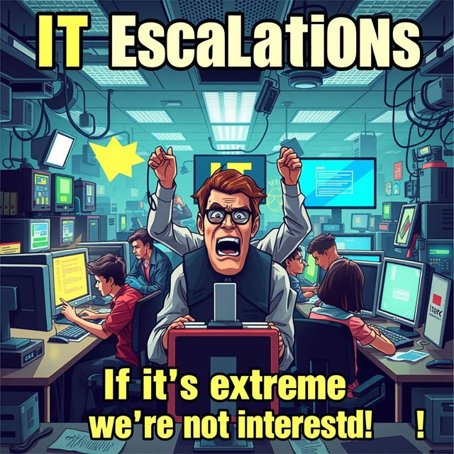 A dynamic and energetic image showcasing a bustling IT department with a bold slogan: 'IT Escalations: If it’s not extreme, we’re not interested!' The scene includes stressed-out workers, flashing computer screens, and a sense of urgency and chaos, yet with a humorous twist