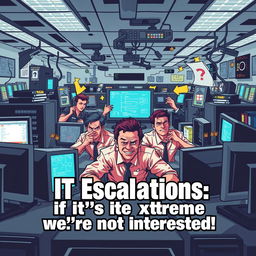 A dynamic and energetic image showcasing a bustling IT department with a bold slogan: 'IT Escalations: If it’s not extreme, we’re not interested!' The scene includes stressed-out workers, flashing computer screens, and a sense of urgency and chaos, yet with a humorous twist