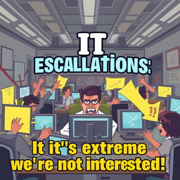 A dynamic and energetic image showcasing a bustling IT department with a bold slogan: 'IT Escalations: If it’s not extreme, we’re not interested!' The scene includes stressed-out workers, flashing computer screens, and a sense of urgency and chaos, yet with a humorous twist