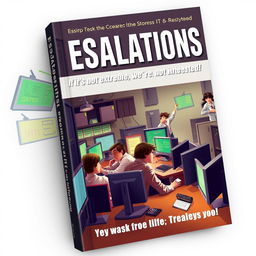 Create a book cover for 'Escalations: If it’s not extreme, we’re not interested!' The cover should feature a chaotic IT department with stressed-out workers, flashing computer screens, and a sense of urgency