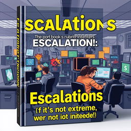 Create a book cover for 'Escalations: If it’s not extreme, we’re not interested!' The cover should feature a chaotic IT department with stressed-out workers, flashing computer screens, and a sense of urgency