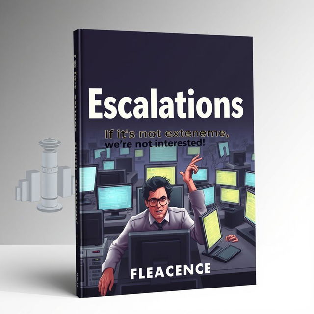 Create a book cover for 'Escalations: If it’s not extreme, we’re not interested!' The cover should feature a chaotic IT department with stressed-out workers, flashing computer screens, and a sense of urgency