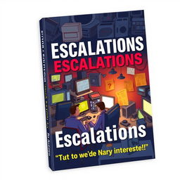 Create a book cover for 'Escalations: If it’s not extreme, we’re not interested!' The cover should feature a chaotic IT department with stressed-out workers, flashing computer screens, and a sense of urgency