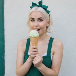 Full-length photo of a 30-year-old girl of average build, with white hair, holding an ice cream. She has long square proportional facial features, cheek dimples, bow lips, large black eyebrows, smooth medium green eyes, and swarthy skin