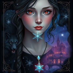 Create a digital art piece for an epic fantasy book cover featuring a 13-year-old girl with a necklace that has an opal snowflake pendant