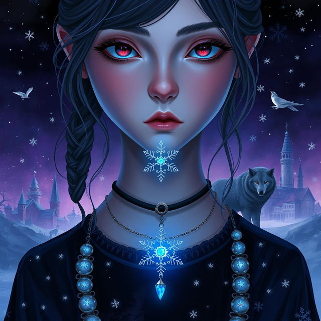 Create a digital art piece for an epic fantasy book cover featuring a 13-year-old girl with a necklace that has an opal snowflake pendant