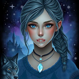 Create a digital art piece for an epic fantasy book cover featuring a 13-year-old girl with a necklace that has an opal snowflake pendant