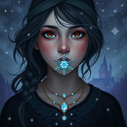 Create a digital art piece for an epic fantasy book cover featuring a 13-year-old girl with a necklace that has an opal snowflake pendant