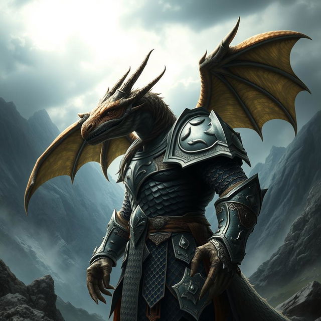 A powerful Dragonborn warrior standing in a heroic pose