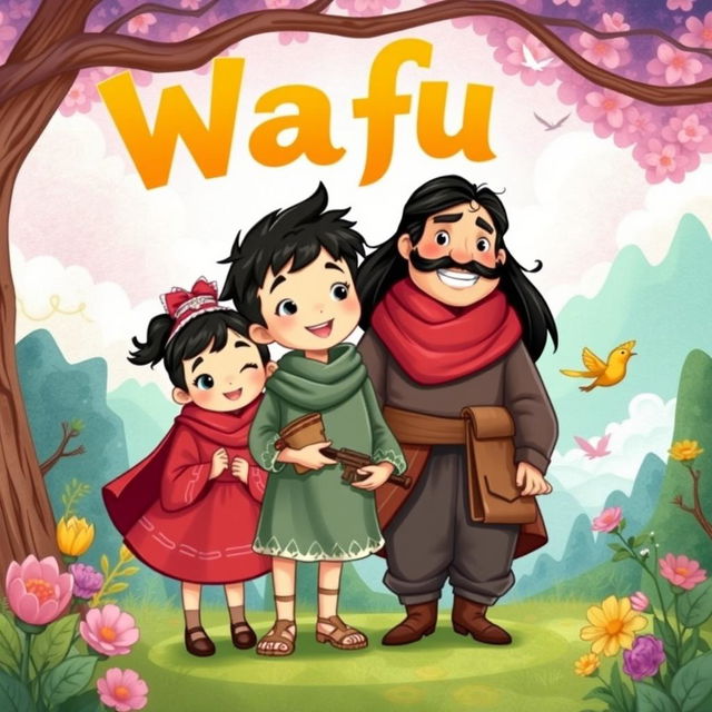 An illustrated storybook featuring Wafu as the protagonist, along with his sister, father, and Mariana