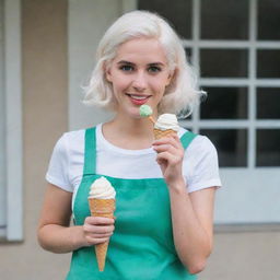 Full-length photo of a 30-year-old girl of average build, with white hair, holding an ice cream. She has long square proportional facial features, cheek dimples, bow lips, large black eyebrows, smooth medium green eyes, and swarthy skin