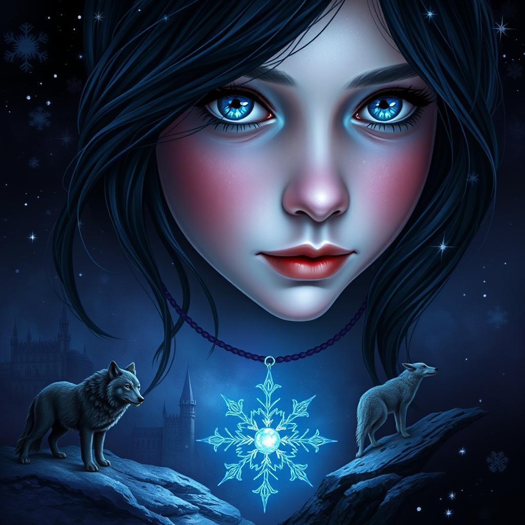 Create a digital art piece for an epic fantasy book cover featuring a 13-year-old girl with blue eyes and a necklace that has an opal snowflake pendant