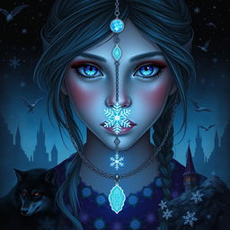 Create a digital art piece for an epic fantasy book cover featuring a 13-year-old girl with blue eyes and a necklace that has an opal snowflake pendant