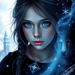 Create a digital art piece for an epic fantasy book cover featuring a 13-year-old girl with blue eyes and a necklace that has an opal snowflake pendant