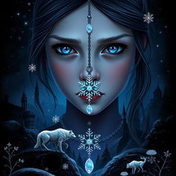 Create a digital art piece for an epic fantasy book cover featuring a 13-year-old girl with blue eyes and a necklace that has an opal snowflake pendant